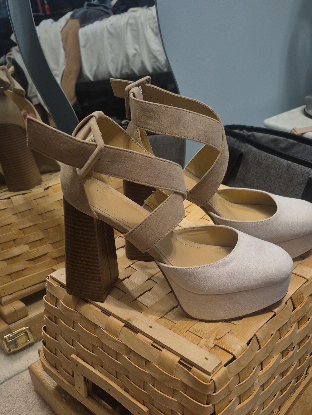 JustFab Taupe Crisscross Platform Block Heels